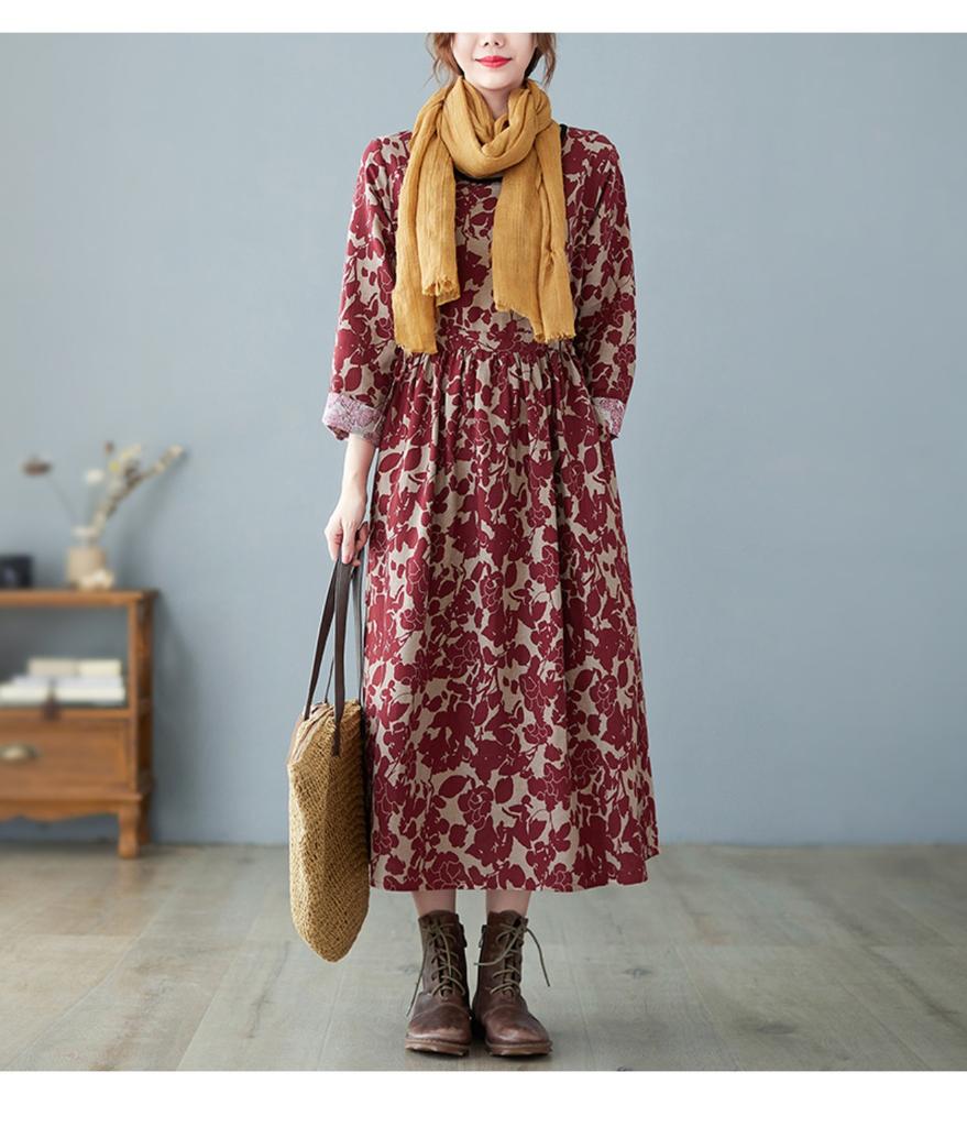Платье с литературным и художественным принтом в стиле ретро 2025 года на осенней основе из хлопка и льна с длинной юбкой, свободная, с длинным рукавом, большая юбка-качеля для женщин