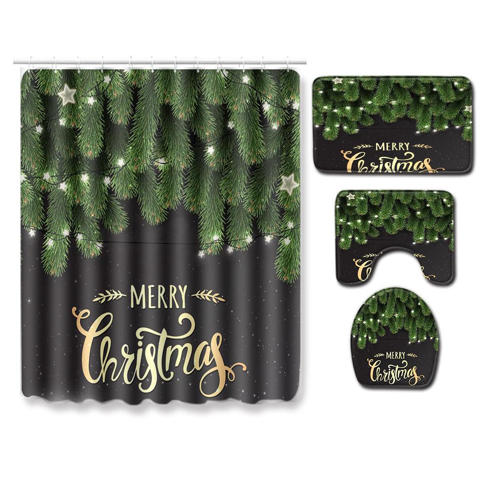 Christmas Bathroom Non-Slip Door Mat, Shower Curtain Floor Mat Combination Four-Piece Toilet Absorbent Carpet