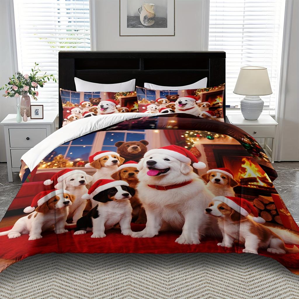 Рождественский комплект пододеяльника Милый пододеяльник с собакой Комплект постельного белья Украшения для комнаты с животными Рождественский декор на Хэллоуин Пододеяльник