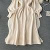 French New Loose Casual Knit Long Dress Women Solid Elastic Waist Lantern Sleeve O Neck Ladies Fashion Winter Sweater Dresses