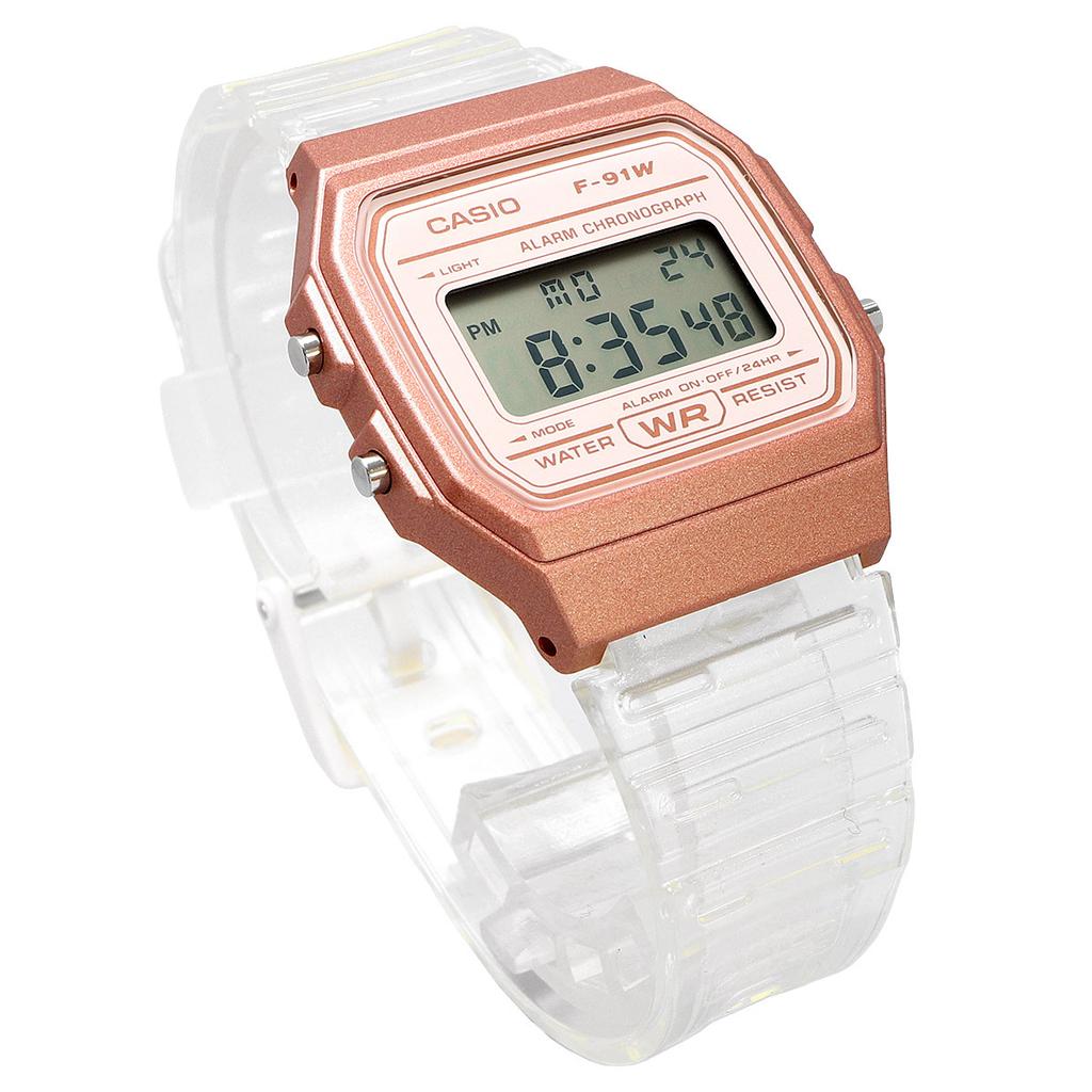 Casio Цифровые кварцевые часы, Розовое золото x Прозрачные, Часы, F-91WS-7A3, Унисекс