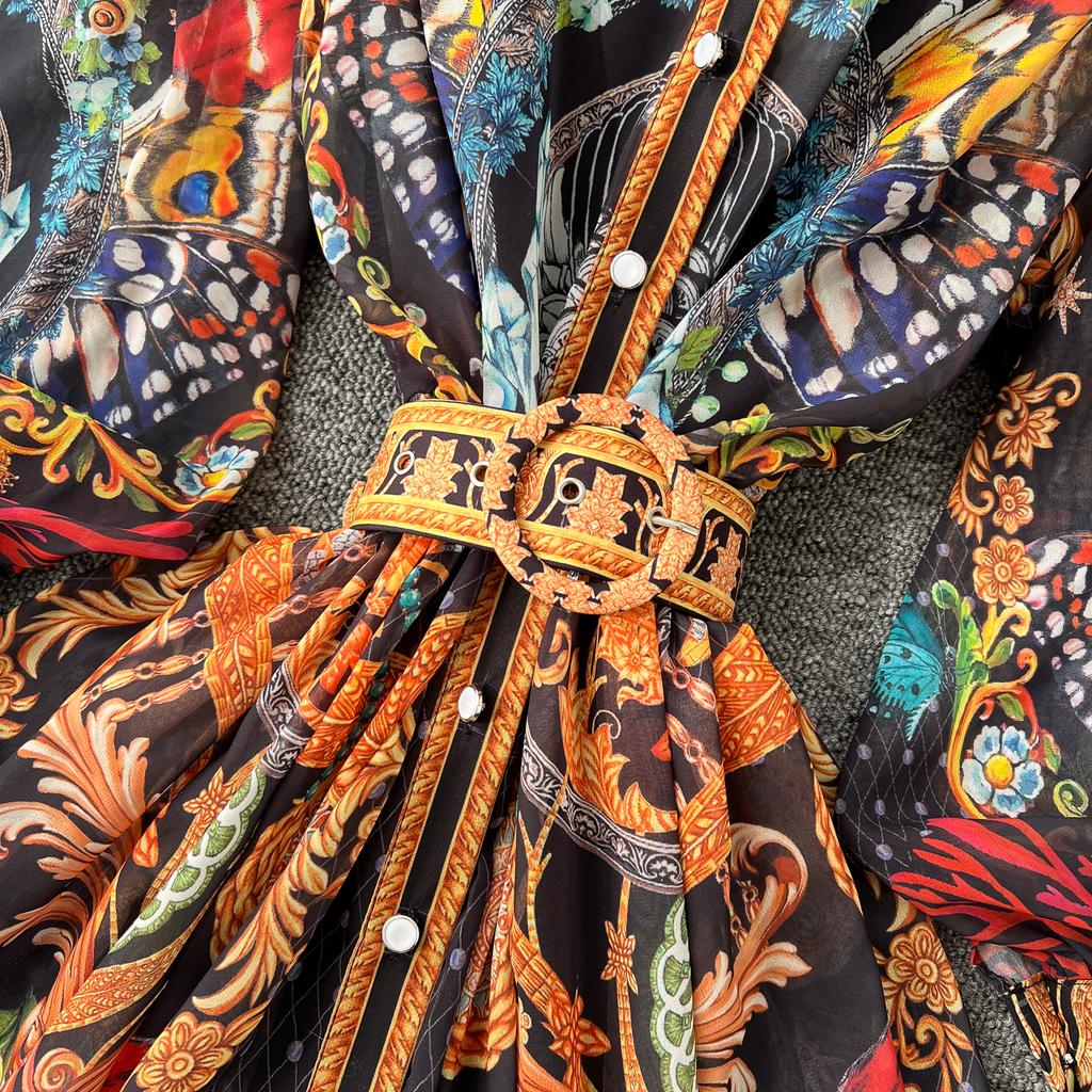 Spring Summer Women Vintage Palace Print Runway Dress Oversize Loose Long Maxi Party Dresses