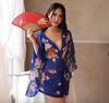Сексуальная юката косплей мини длина японская комнатная одежда кимоно костюм фотография прозрачный цветочный узор с оби [Lady Lazy] (синий)
