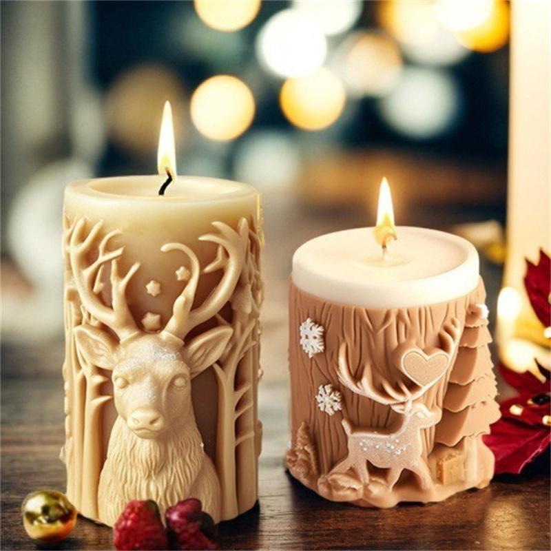 3D Christmas Tree Elk Relief Cylinder Candle Silicone Mold Merry Christmas Letter Snowflake Cylinder Candle Molds Christmas Gift