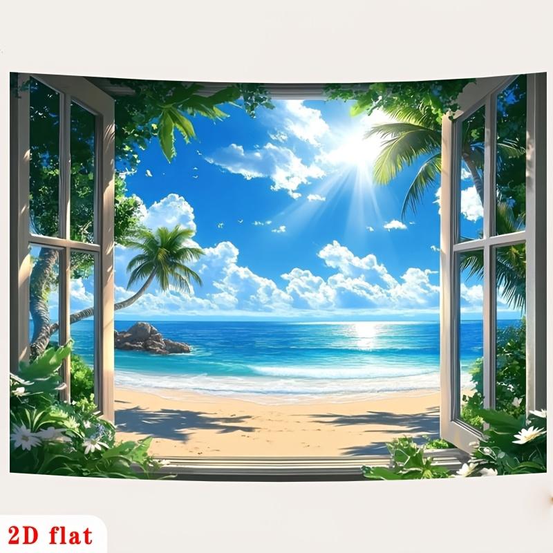 2D flat banner 1 piece. Tropical beach window scene with palm tree landscape art polyester background fabric.