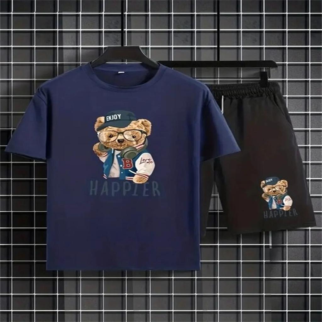 Мужской комплект одежды из 2 предметов с крутым медвежьим принтом, повседневная футболка и свободные шорты на шнуровке, летняя футболка для мужчин