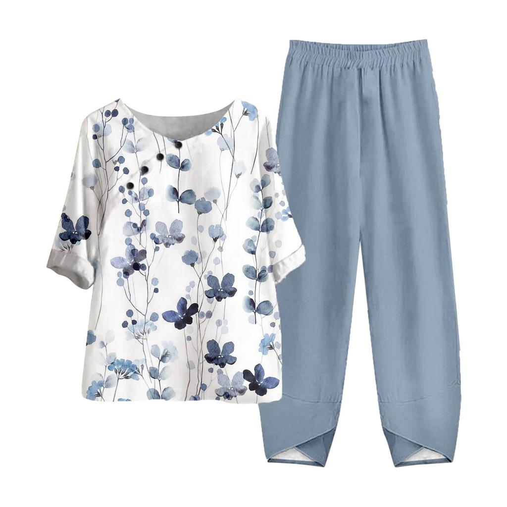Women's Summer Half Sleeve Printed Tops Elastic Waist Nine Piece Pants Two Piece Set