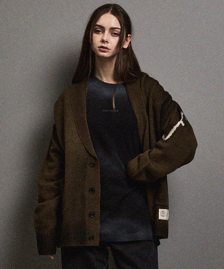 Ffeff Studio Vintage Washed Ffeff Logo Shawl Collar Cardigan (Khaki)
