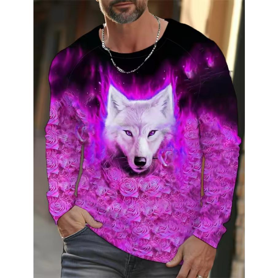 Мужская летняя футболка с длинным рукавом с 3D-принтом волка, топы, мужская уличная одежда, графическая футболка с круглым вырезом и длинным рукавом