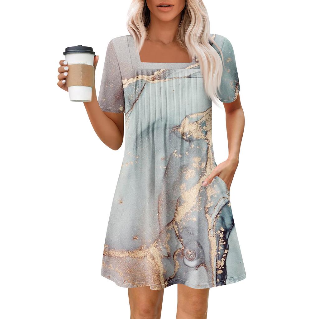 Женские летние повседневные платья с квадратным вырезом, плиссировкой спереди и карманом, с короткими рукавами и принтом