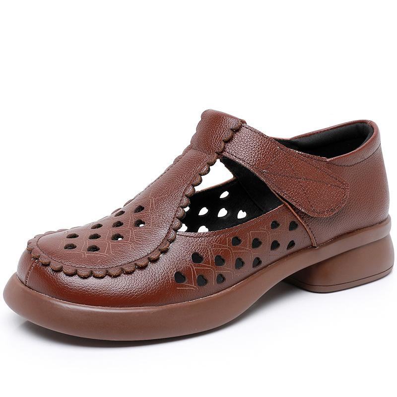 Модная GKTINOO Натуральная кожа Сандалии с закрытым носком 2025 Лето Ажурные Толстый каблук Мэри Джейн Застежка-липучка Женская обувь Большой размер