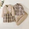 Детский комплект одежды из двух предметов, блузка и клетчатое платье для девочек, клетчатая рубашка и брюки для мальчиков