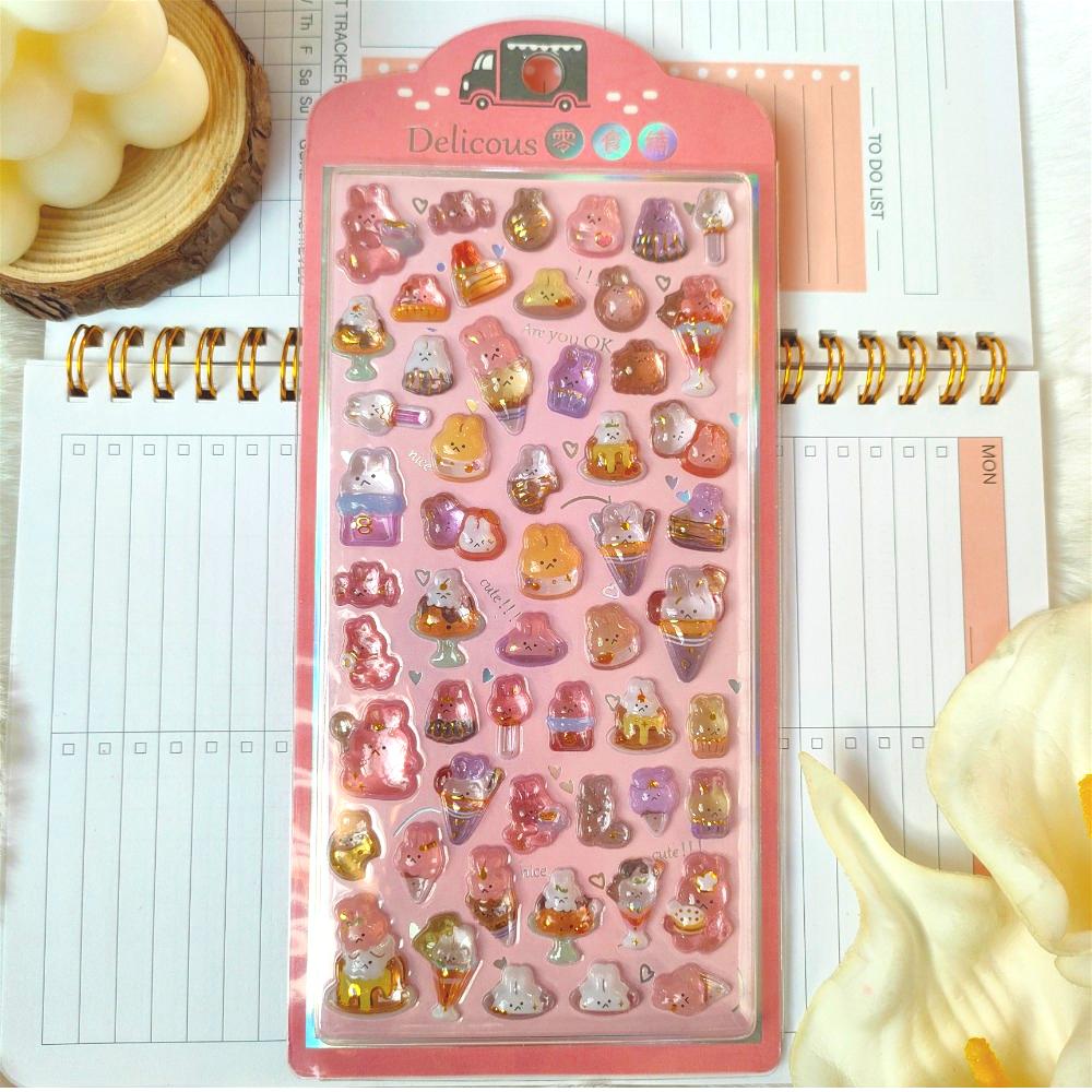 4pcs Children's Cartoon Fresh-style Reward Stickers - Dreamy Rabbit & Panda Crystal Embossed 3D Decorative Stickers for Journals