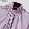 INCERUN Men High Neck Tie Up Ruffled Solid Shirts Casual Long Sleeve Tops