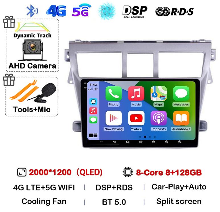 Android 14 Carplay Автомагнитола для Toyota Vios Yaris 2007 2008 2009 2010 2011 2012 Мультимедийный Видеоплеер 4G WIFI GPS Стерео