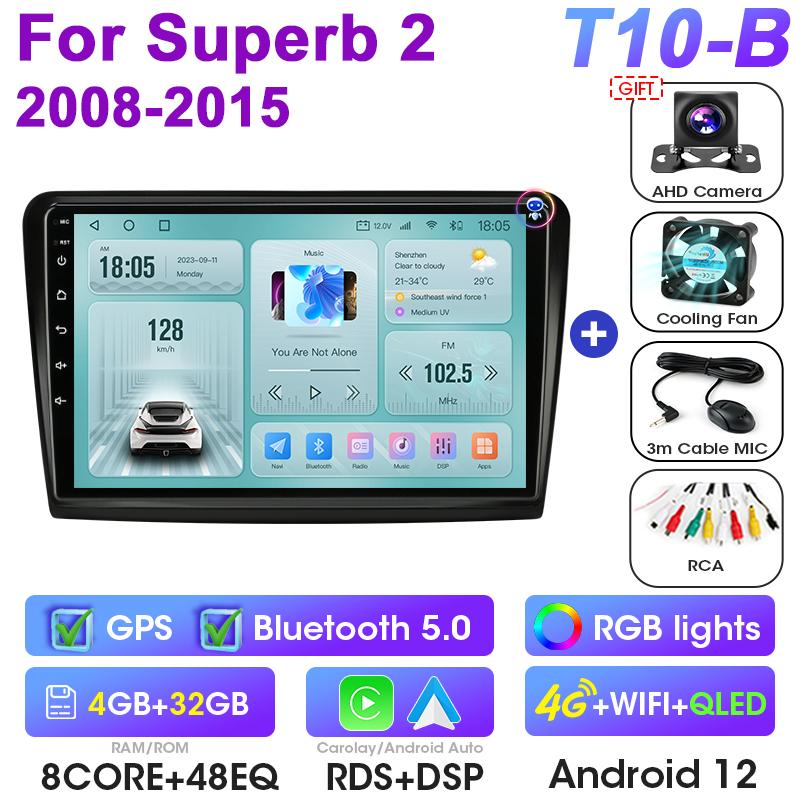 2 Din Android 12 Car Radio For Skoda Superb 2 B6 2008 - 2015 Multimedia Video Player GPS Carplay Auto Stereo RDS DVD Head Unit