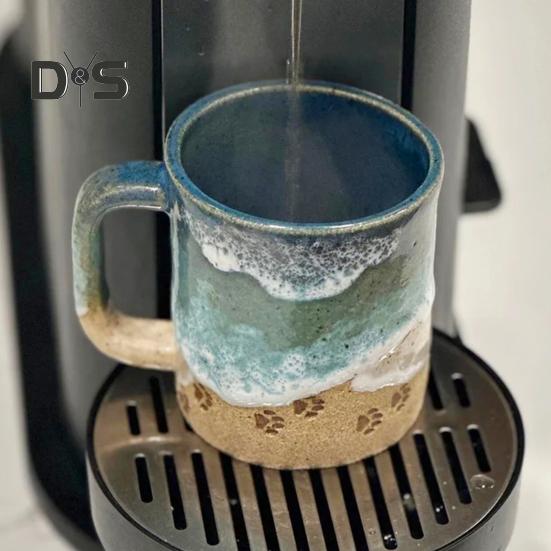 Paw Print Ocean Shoreline Mug Ceramic Coffee Cup Handmade Waves Pattern Tea Mug 11oz/15oz Sea Foam Claw Drinking Mug Beach Souvenir Gift