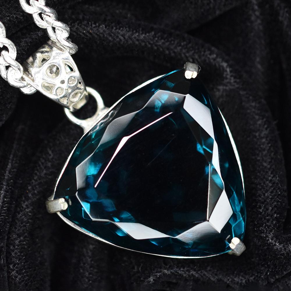 Teal Sapphire 80.1 Ct CERTIFIED Trillion 925 Sterling Silver Gemstone Pendant MY-PD-116-NS