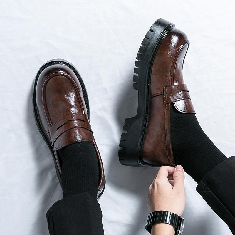 Мужские мокасины, увеличивающие рост, классические кожаные туфли на толстой подошве с криперами на платформе с круглым носком, деловые туфли