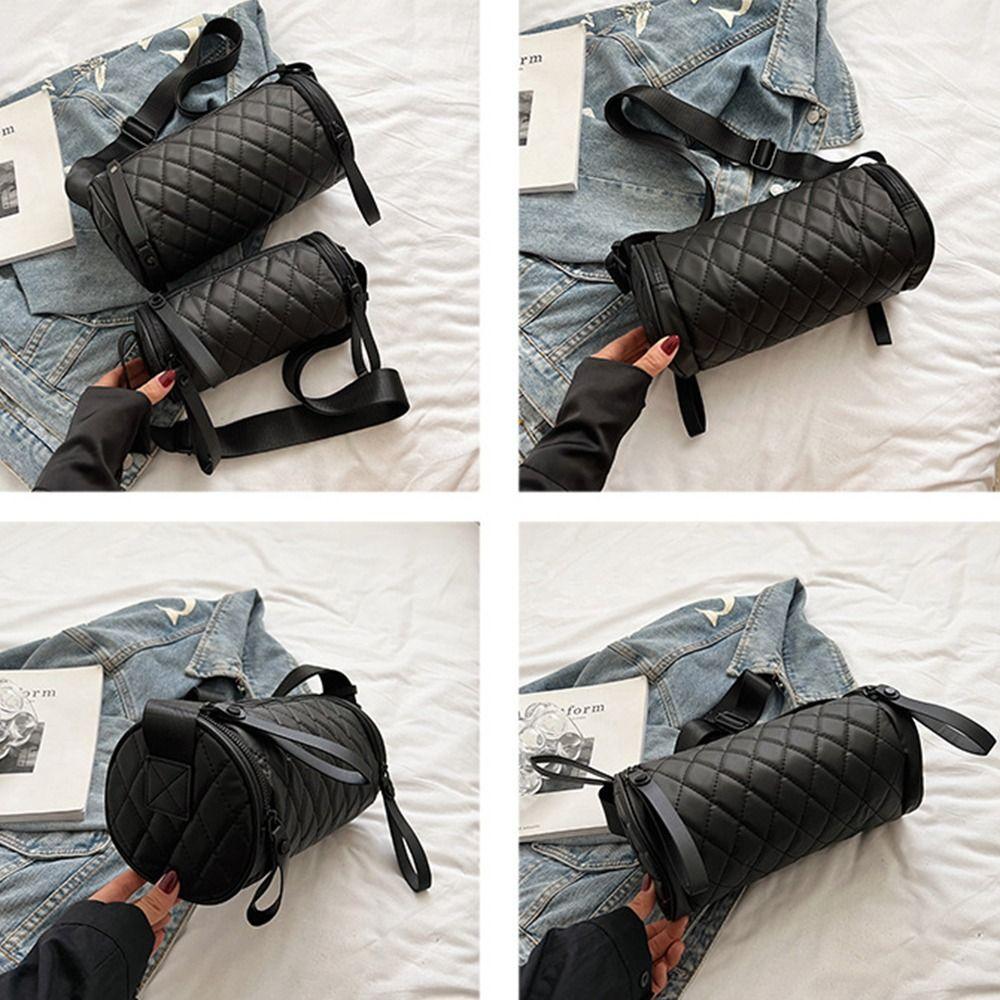Fashionable Elegant Nylon Shoulder Bag Korean Style Solid Color Rhombus Crossbody Bag Plaid Handbag Cylinder Bag Lady