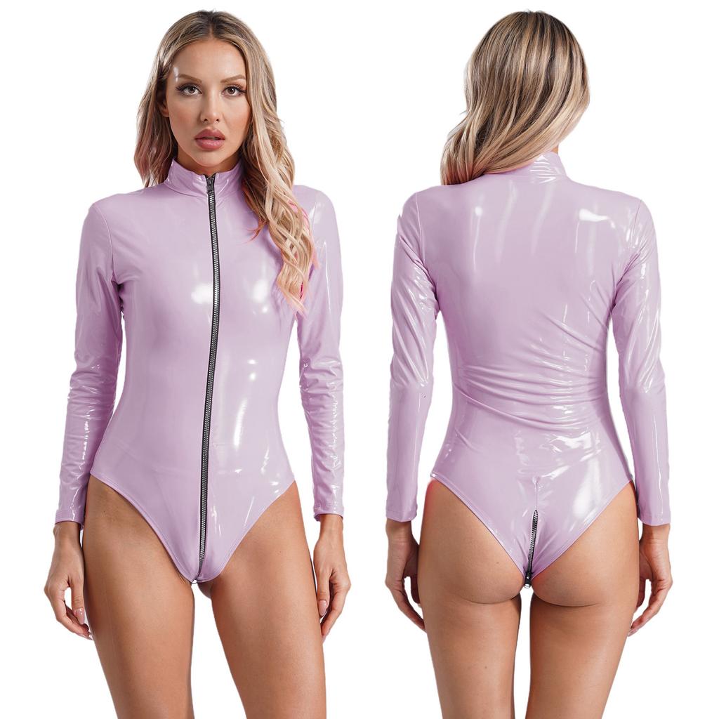 Женский комбинезон с застежкой-молнией на 3 конца, латексный боди, сексуальный клубный костюм, облегающие колготки с высоким вырезом, комбинезон для танцев на шесте