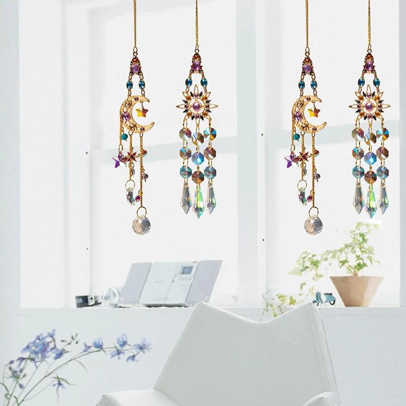 Crystal Pendant Suncatcher Window Prisms Rainbow Maker Vintage Wind Chimes Sun Moon Hanging Ornament Home Garden Decoration