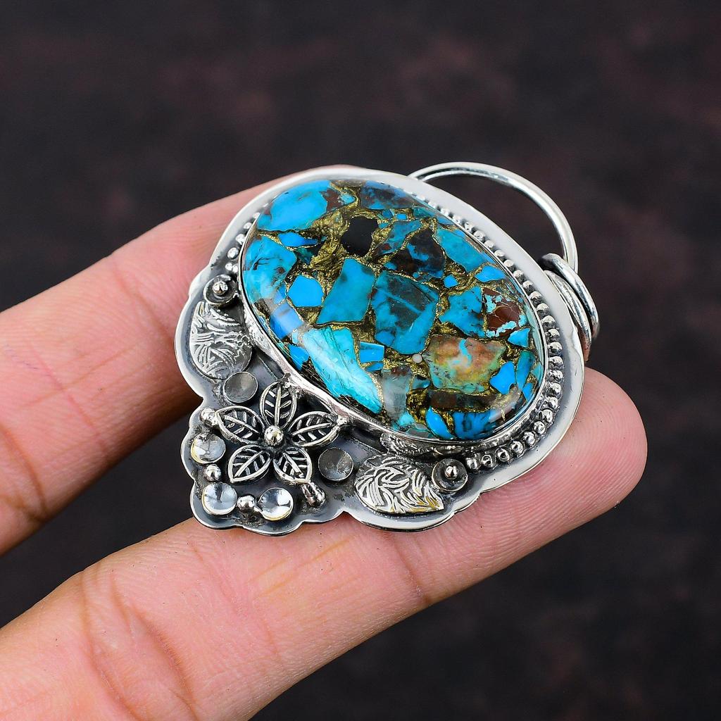 Медь Подвеска из хризоколлы Стерлингового серебра 925 пробы Подвеска из натурального драгоценного камня Ювелирные изделия ручной работы Цветочная подвеска Подарок для женщин Ювелирные изделия из целебного камня