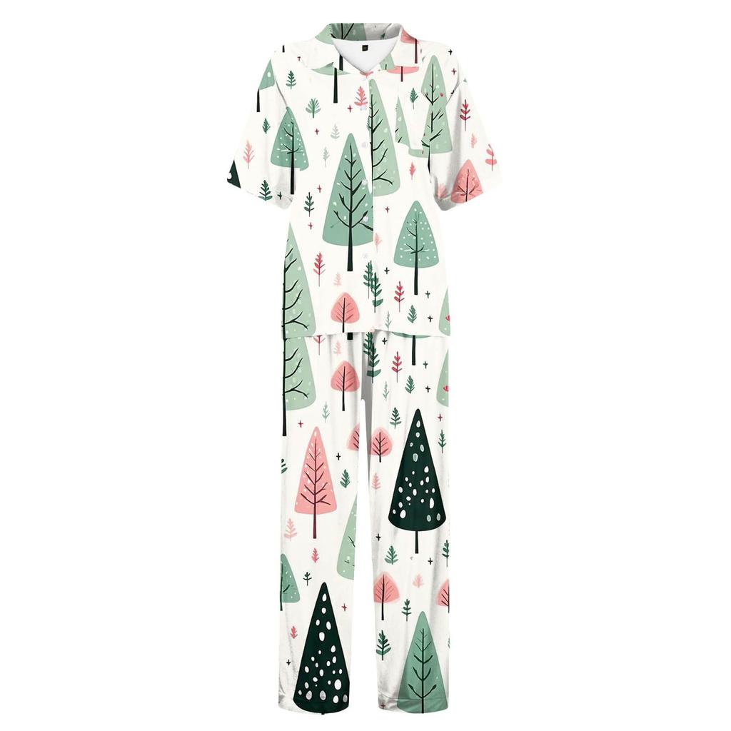 Женский рождественский пижамный комплект с принтом, женские короткие рукава, длинные брюки, комплект из двух предметов, застегивающийся на пуговицы, домашняя одежда