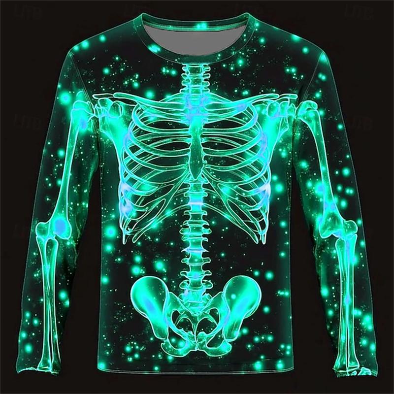 2025 Fall Winter New Halloween Skeleton Prints Long Sleeve T-Shirts For Men Gothic Trendy Streetwear Unisex Casual Party Tops
