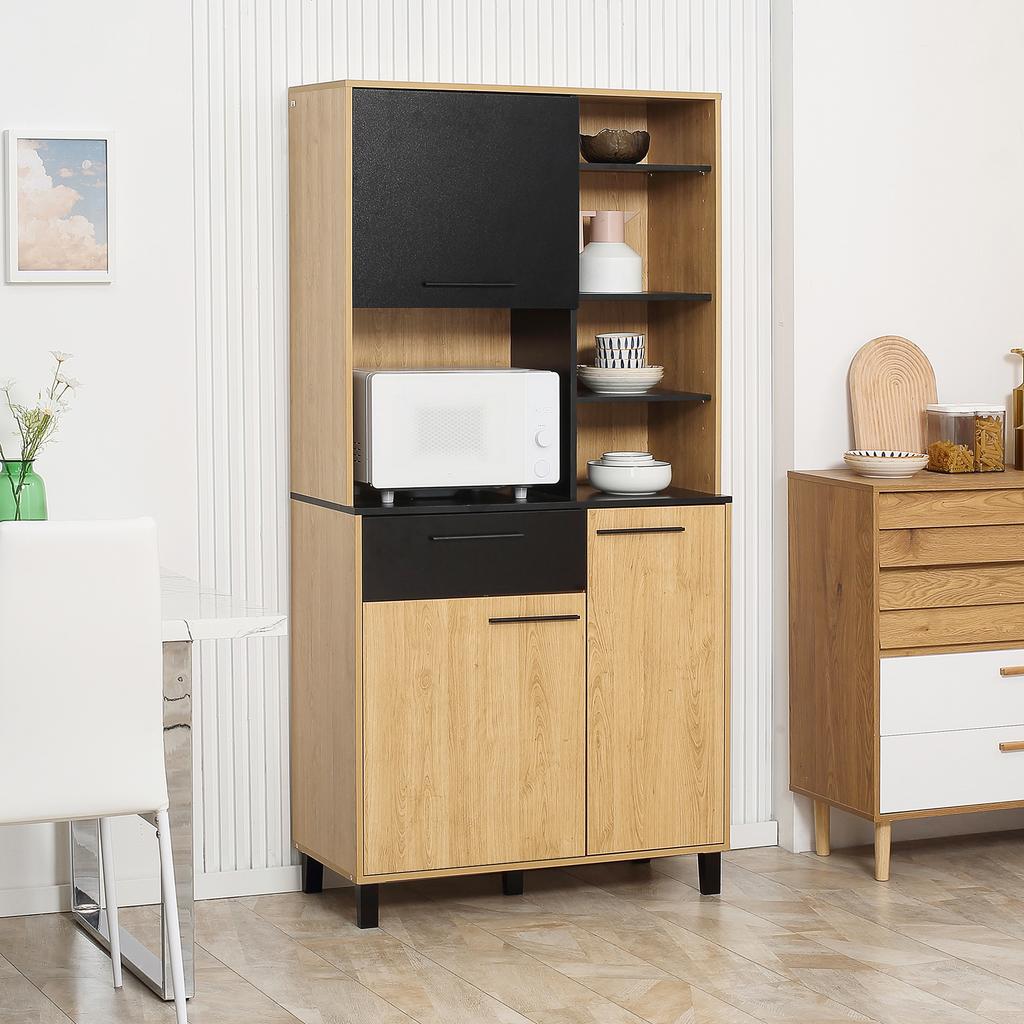 Kitchen Cabinet Multi-Storage with Drawer 3 Cupboards 4 Niches and Cable Holes Height 180 cm Black and Natural Wood