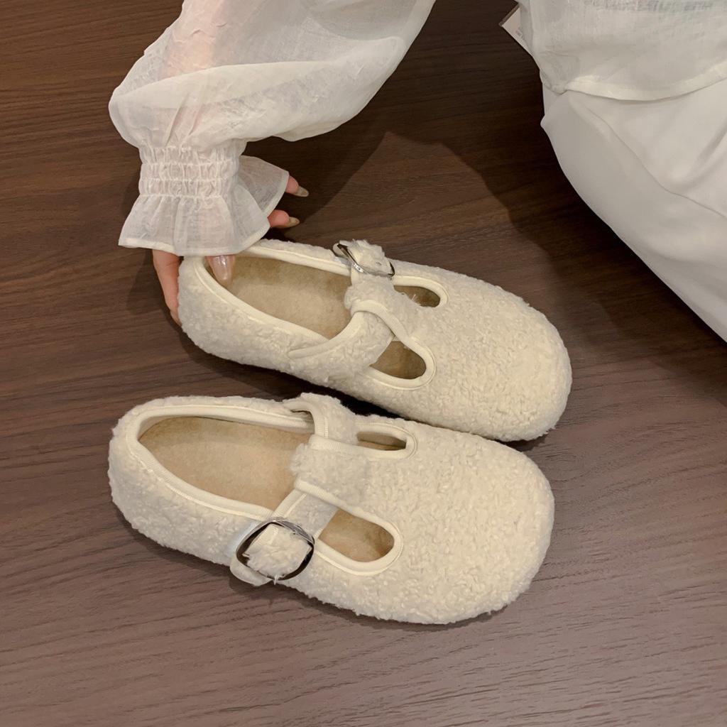 Gentle wind gray fluffy shoes outer wear year season flat soft sole velvet cotton Mary Jane shoes