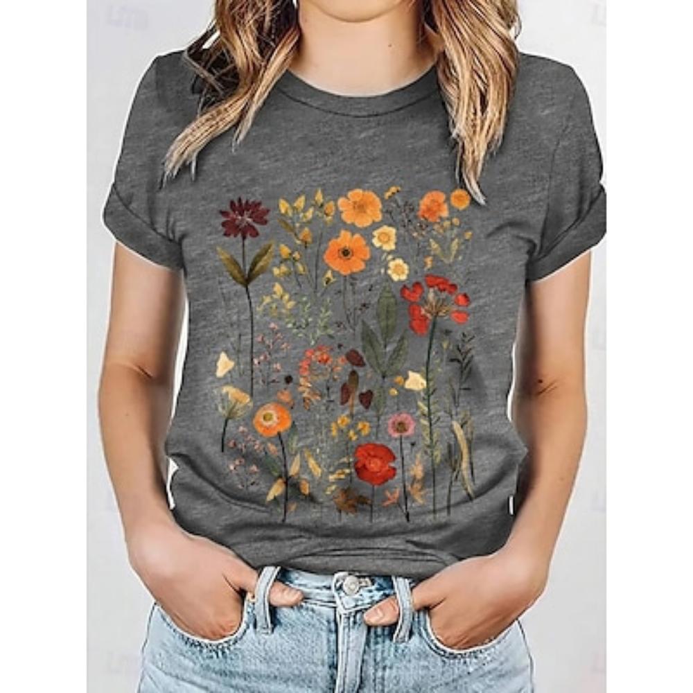 Женская футболка с цветочным принтом, базовый короткий рукав, круглый вырез, обычные топы, повседневные выходные, принт, черный, белый, серый, летний