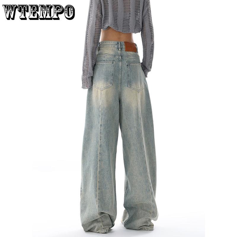 WTEMPO All Season American Retro High Waist Jeans Women Casual Loose Long Wide Leg Denim Pants with Pockets Streetwear