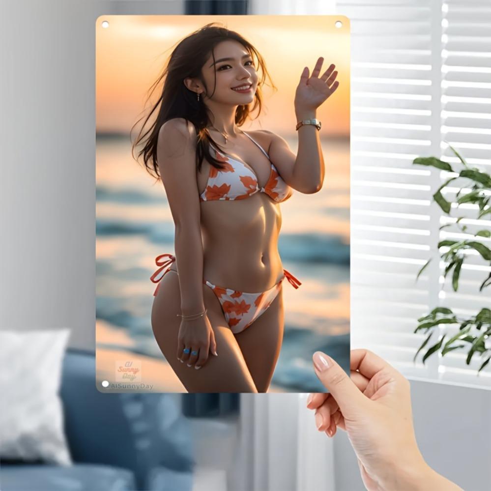 High Definition Tin Painting Beautiful Asian Woman in Orange Floral Bikini at Sunset Beach Metal Sign Wall Art Decor