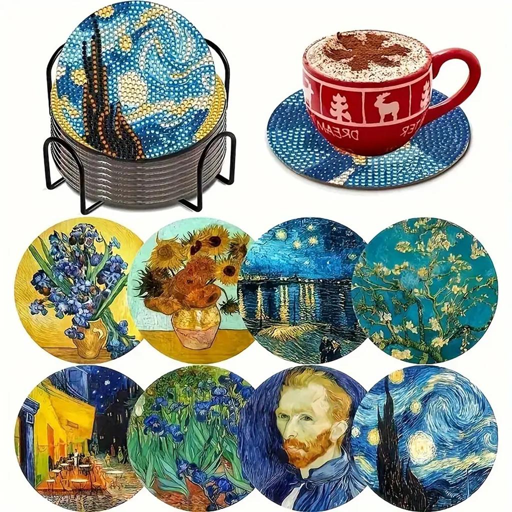 8 Pieces/set of Diamond Painted Starry Sky Patterned Coasters with Brackets DIY Coasters for Beginners and Adults, Art and Craft Supplies Gifts