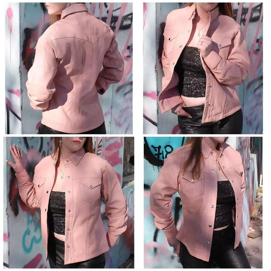 Genuine Leather Real Lambskin Casual Pink Handmade Stylish Designer Women Shirt
