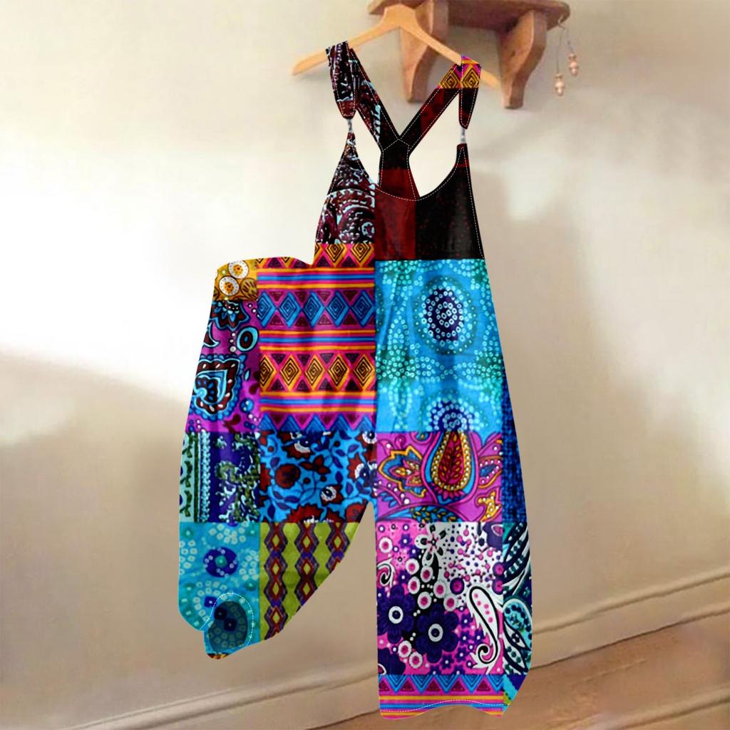 Women's Summer Overalls Floral Print Vintage Jumpsuit (Non-Adjustable Straps)
