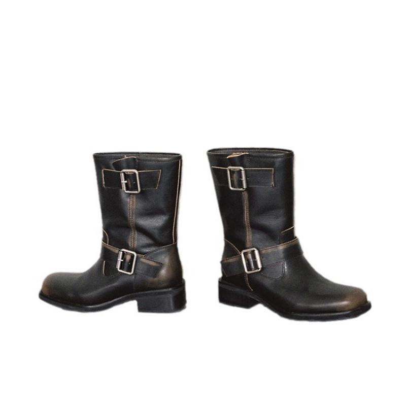 Retro Style Buckle Western Cowgirl Boots Women Round Toe Platform Knee High Boots Woman Brown Leather Square Heels Long Botas