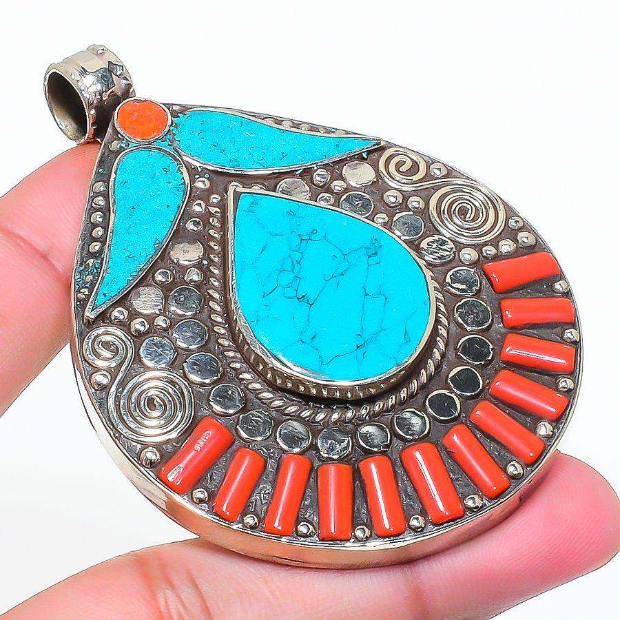 Vintage Nepal Pendant 2.7" Natural Turquoise Coral Chunky Tribal Ethnic NP 2493