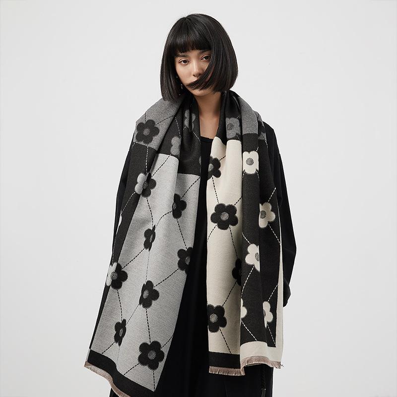 Imitation Cashmere Color Matching Lines Warm Scarf Flower Long Thickened Fringed Shawl Women'S Knitted Warm Scarf