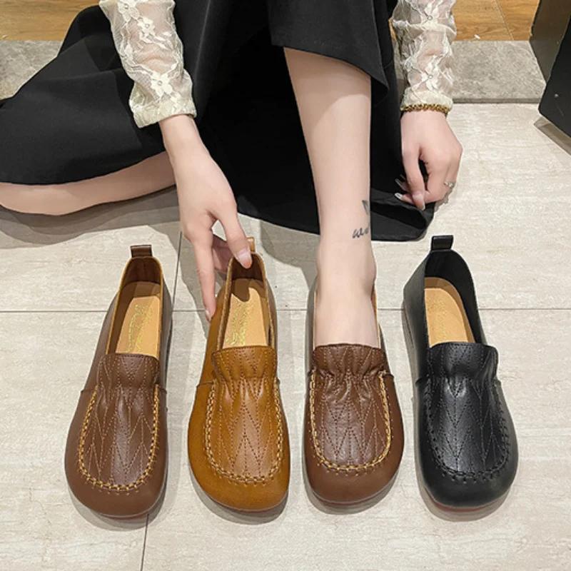 Модные женские туфли на плоской подошве 2024 года, осенние туфли из искусственной кожи с мелким каблуком, удобные мокасины с мягкой подошвой, женская обувь для поездок на работу