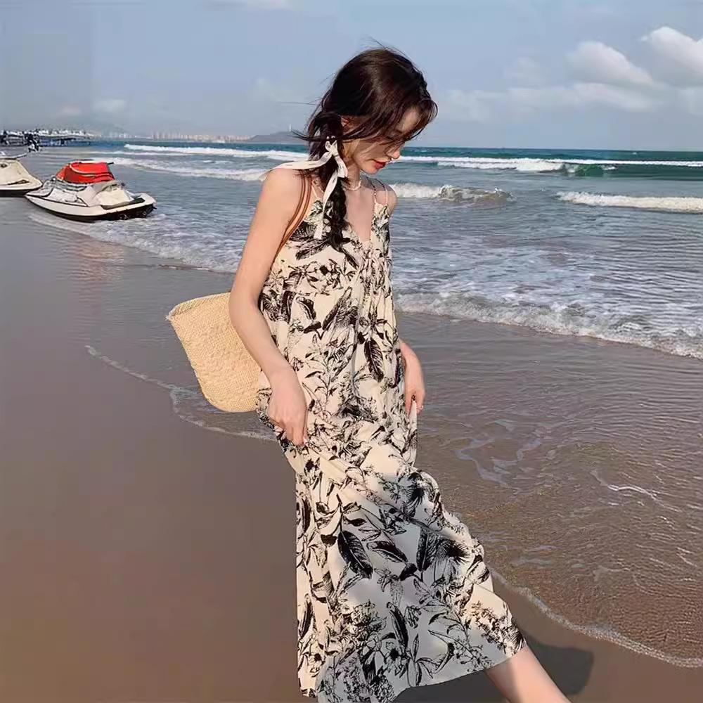 Французское платье-сарафан с цветочным принтом для женщин, новое летнее платье для улицы, текстурное, высококлассное, темпераментное