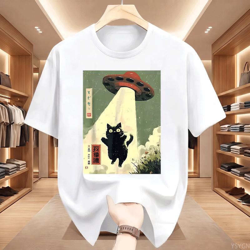 Black Cat Ufo Graphic Tshirts Japanese Cat Alien Graphic Tee Unisex Unisex Cotton Short Sleeve Printed Tshirts Streetwear Tops