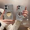 iPhone 16 Case with Makeup Mirror Kickstand, Strap Glitter Epoxy Electroplated Phone Cover