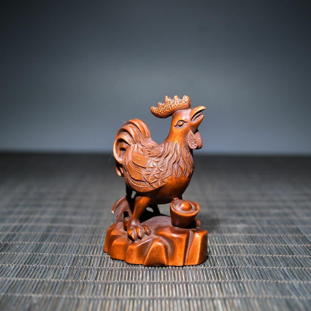 Chinese Antique Boxwood Wood Carving Exquisite Rooster Statue Collection Art