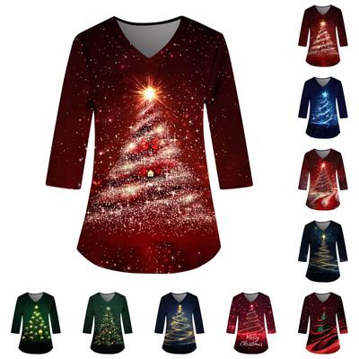 Женский свободный рабочий топ с V-образным вырезом и карманом, рождественским принтом и рукавом три четверти