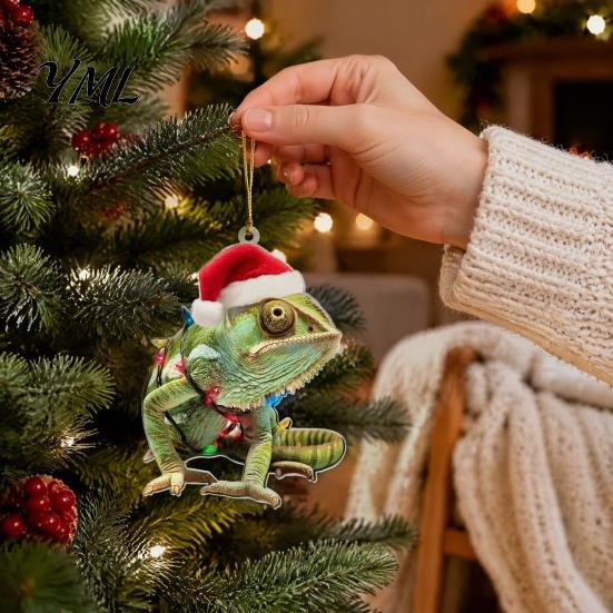 Decorative Animal Figurines for Home Christmas Hanging Ornaments with Lanyard, Cute Double Sided Pendant 2026 Themed Holiday Decorations Santa Hat, 2D