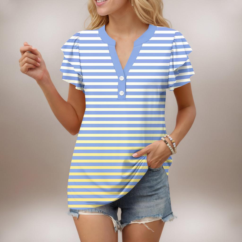 Женский повседневный топ с короткими рукавами, застегивающийся на пуговицы и V-образным вырезом, с градиентными оборками и принтами