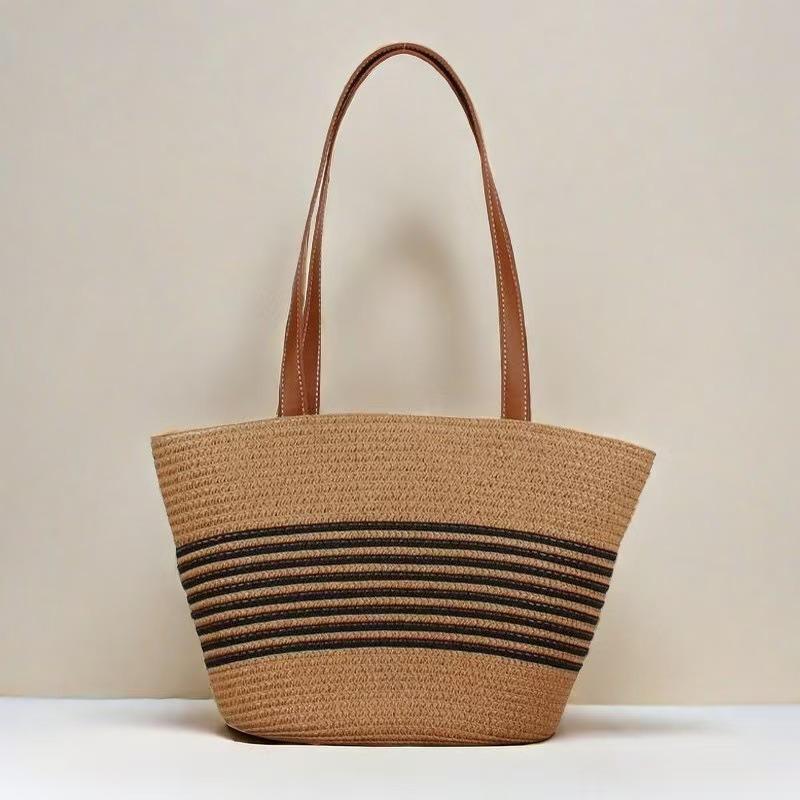 New Shoulder Straw Bag Women's Bag Striped Woven Bag Large Capacity Tote Bag Handbag Women's Travel Beach Bag