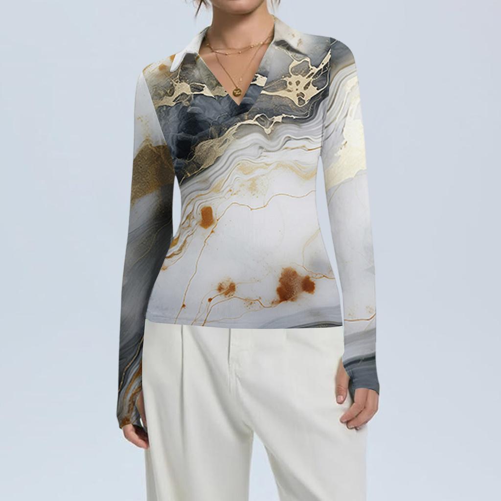Женская Мода Повседневный Принт V-образный Вырез Длинный Рукав Застежка на Пуговицы Топ
